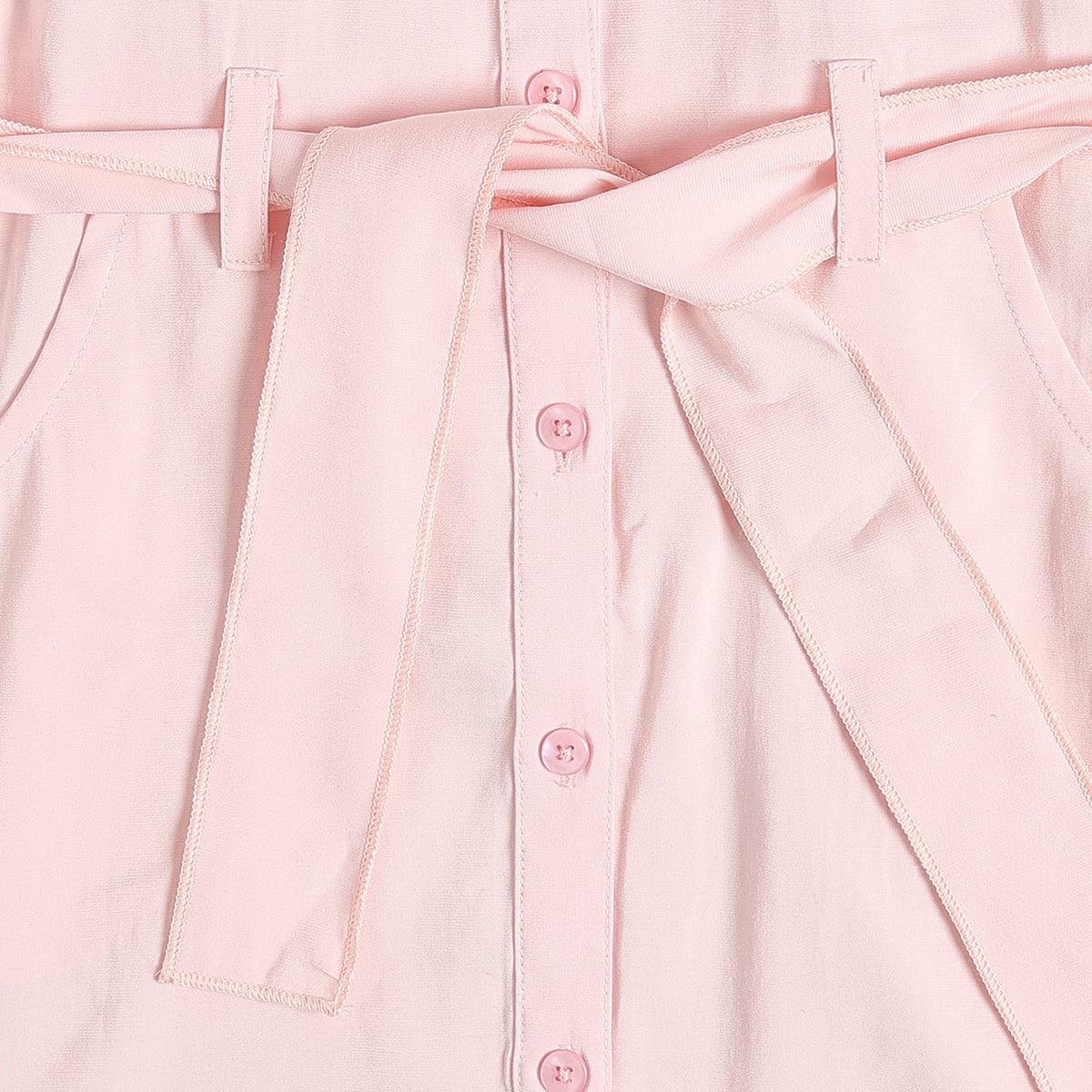 Baby Girls Pink Cotton Blend Solid Shirt Dress With Tie-Up Belt Regular Fit Casual Wear