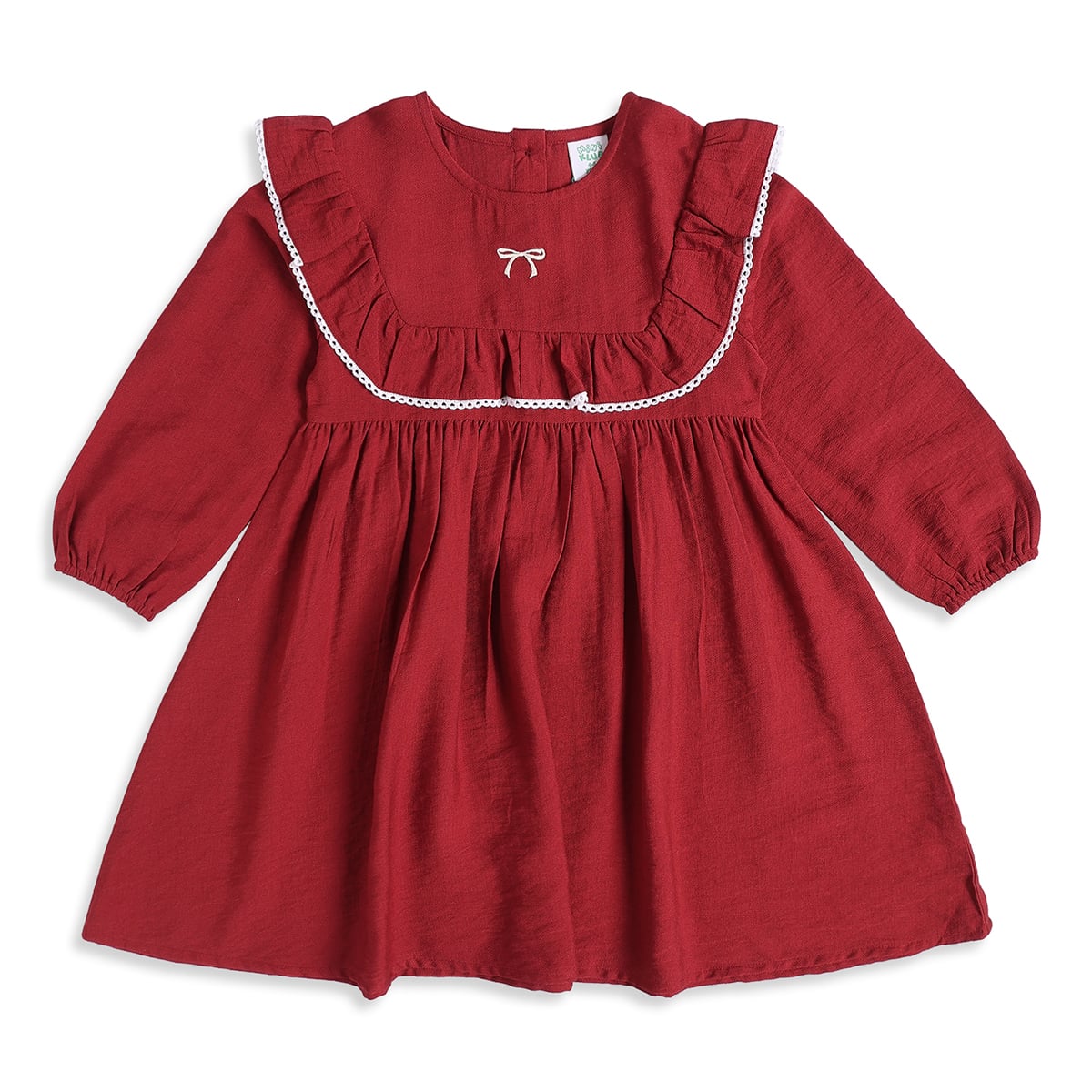 Baby Girls Red Cotton Blend Ruffle Detail Dress With Bow Embroidery Regular Fit Casual Wear