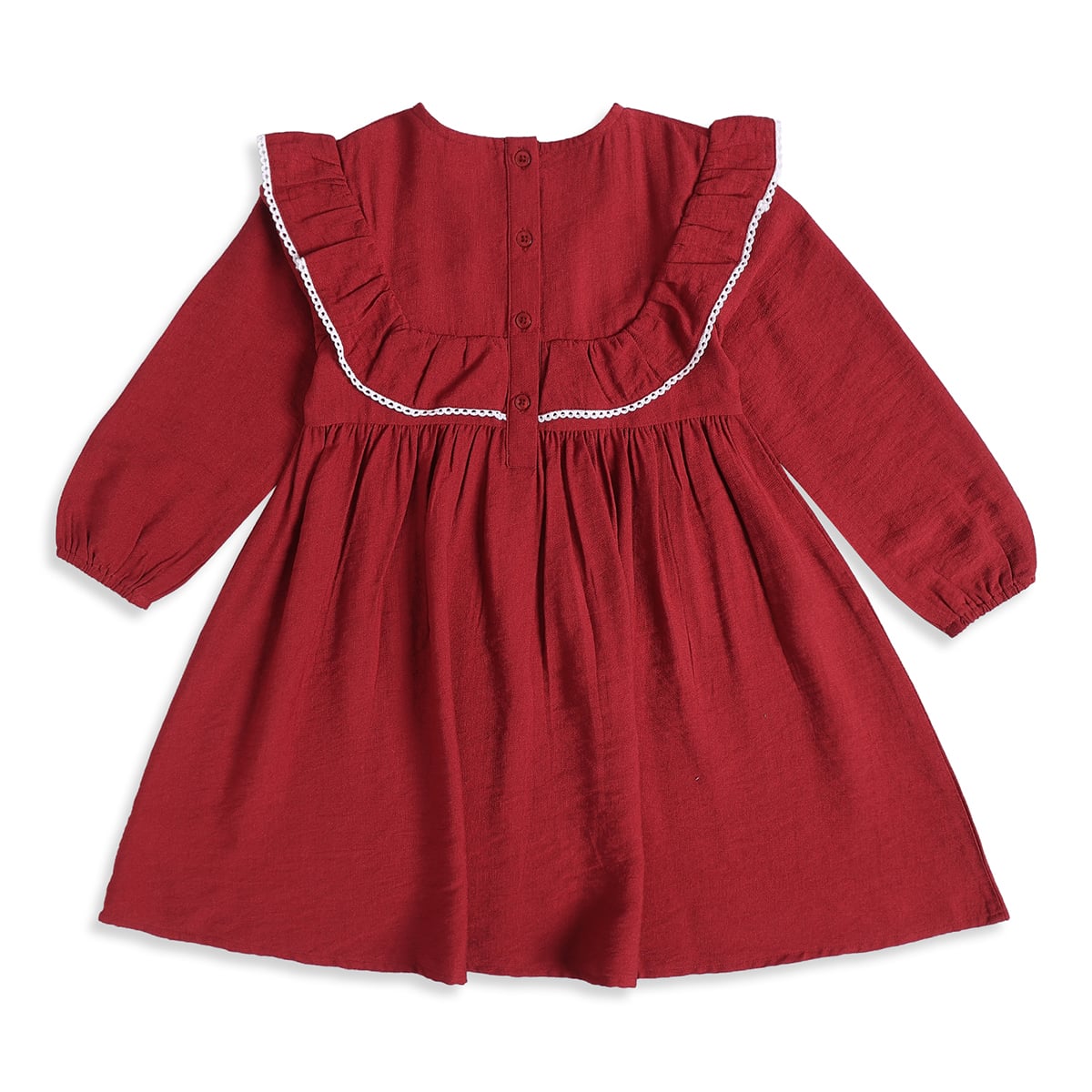 Baby Girls Red Cotton Blend Ruffle Detail Dress With Bow Embroidery Regular Fit Casual Wear