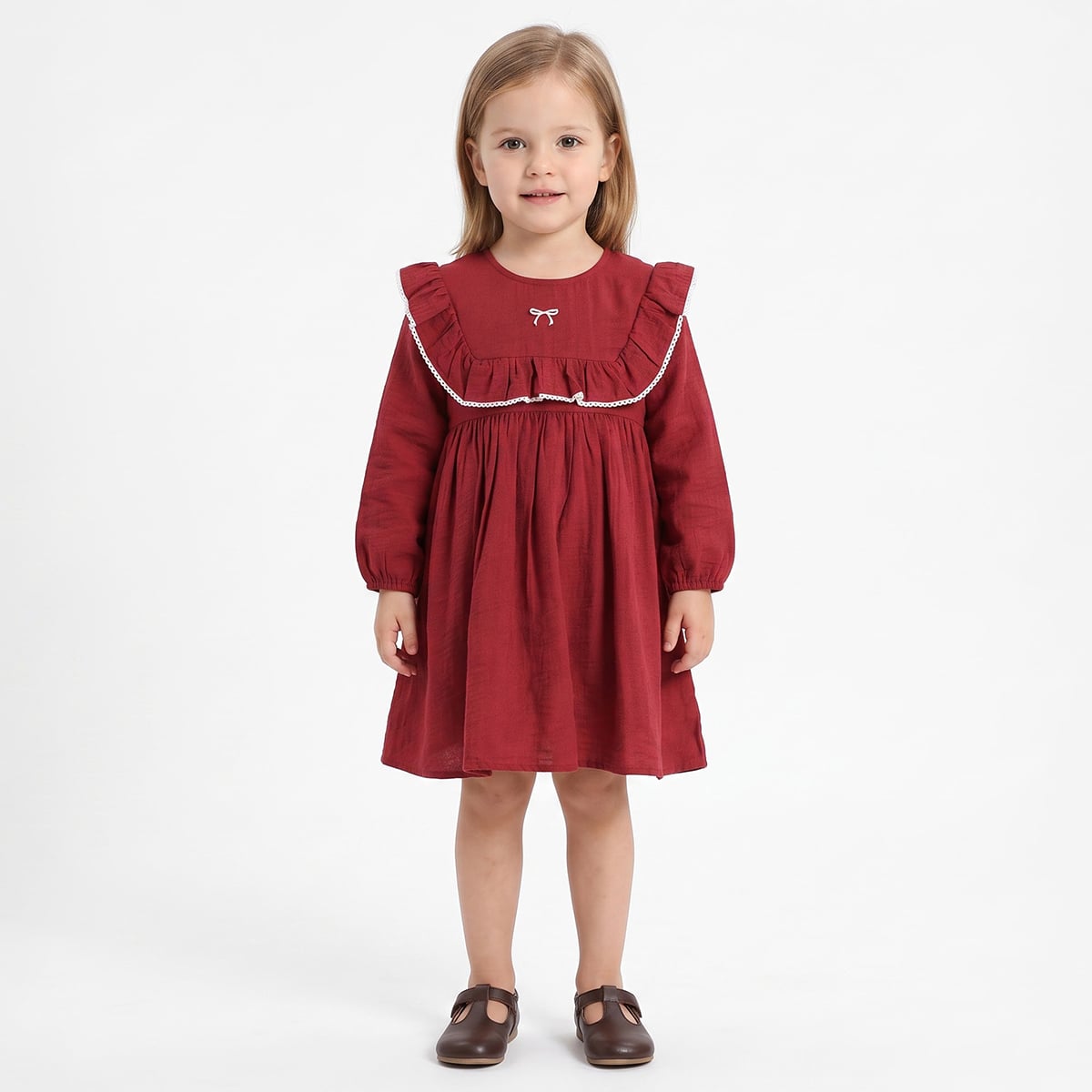 Baby Girls Red Cotton Blend Ruffle Detail Dress With Bow Embroidery Regular Fit Casual Wear