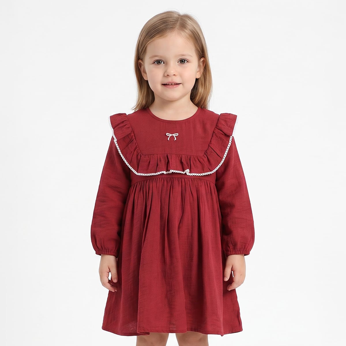 Baby Girls Red Cotton Blend Ruffle Detail Dress With Bow Embroidery Regular Fit Casual Wear
