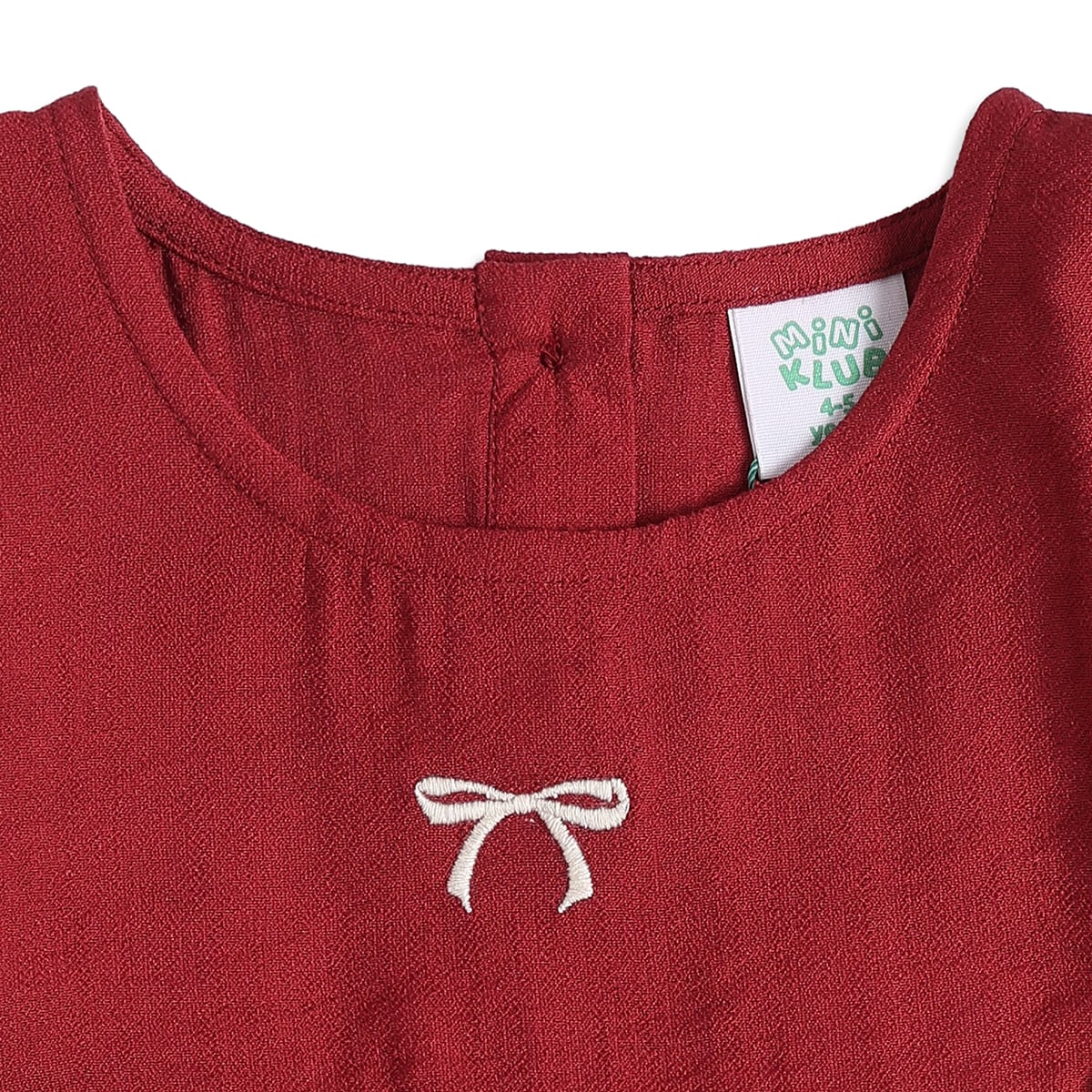 Baby Girls Red Cotton Blend Ruffle Detail Dress With Bow Embroidery Regular Fit Casual Wear