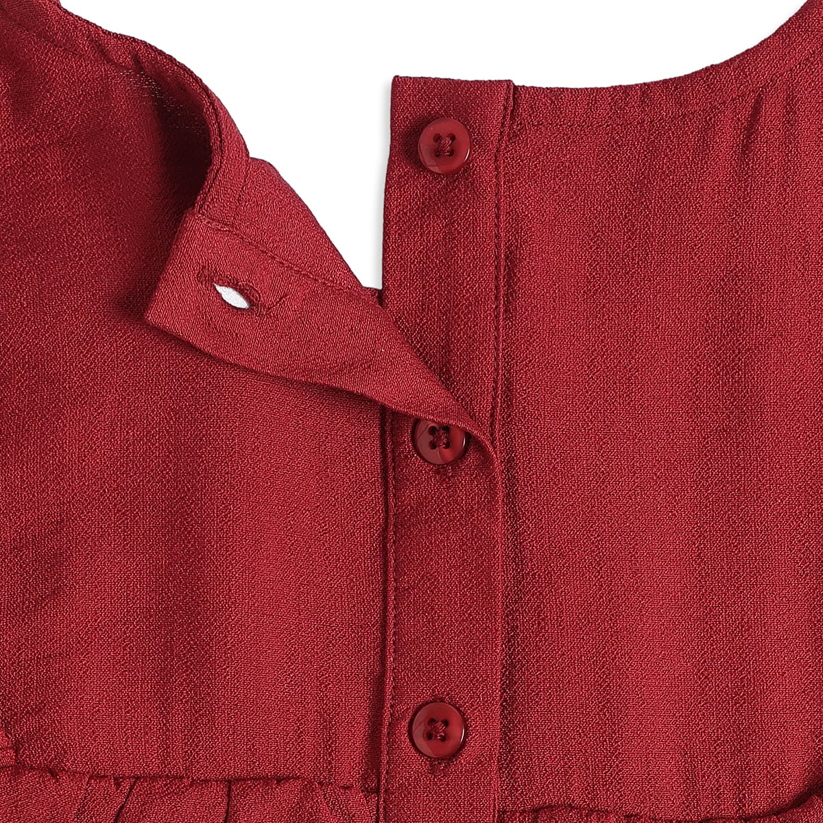 Baby Girls Red Cotton Blend Ruffle Detail Dress With Bow Embroidery Regular Fit Casual Wear