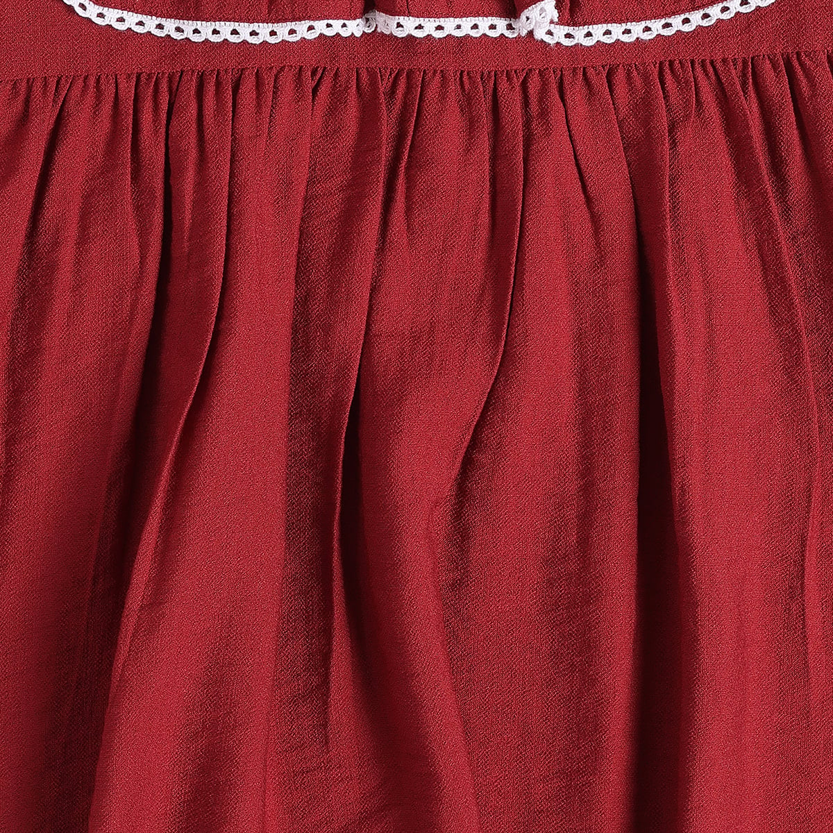 Baby Girls Red Cotton Blend Ruffle Detail Dress With Bow Embroidery Regular Fit Casual Wear