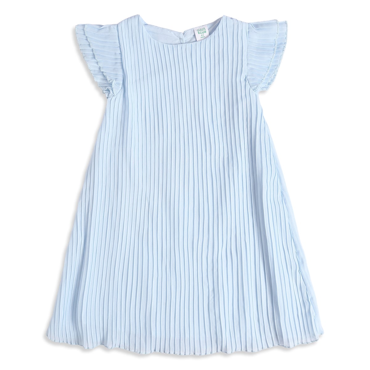 Baby Girls Light Blue Polyester Pleated Flutter Sleeve Dress Regular Fit Casual Wear