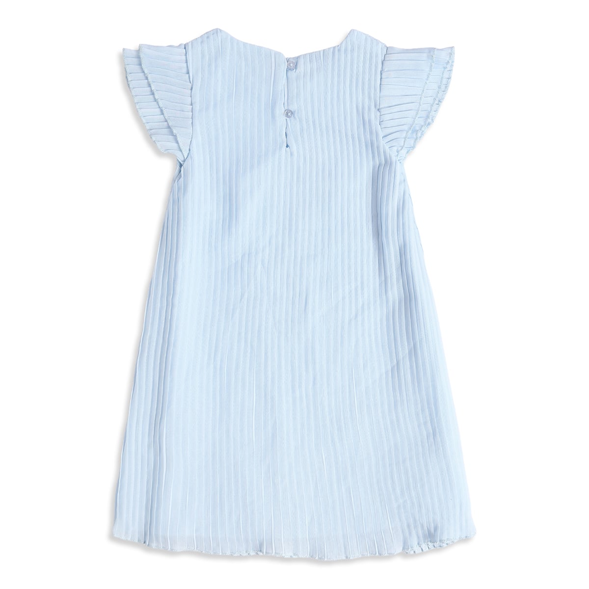 Baby Girls Light Blue Polyester Pleated Flutter Sleeve Dress Regular Fit Casual Wear