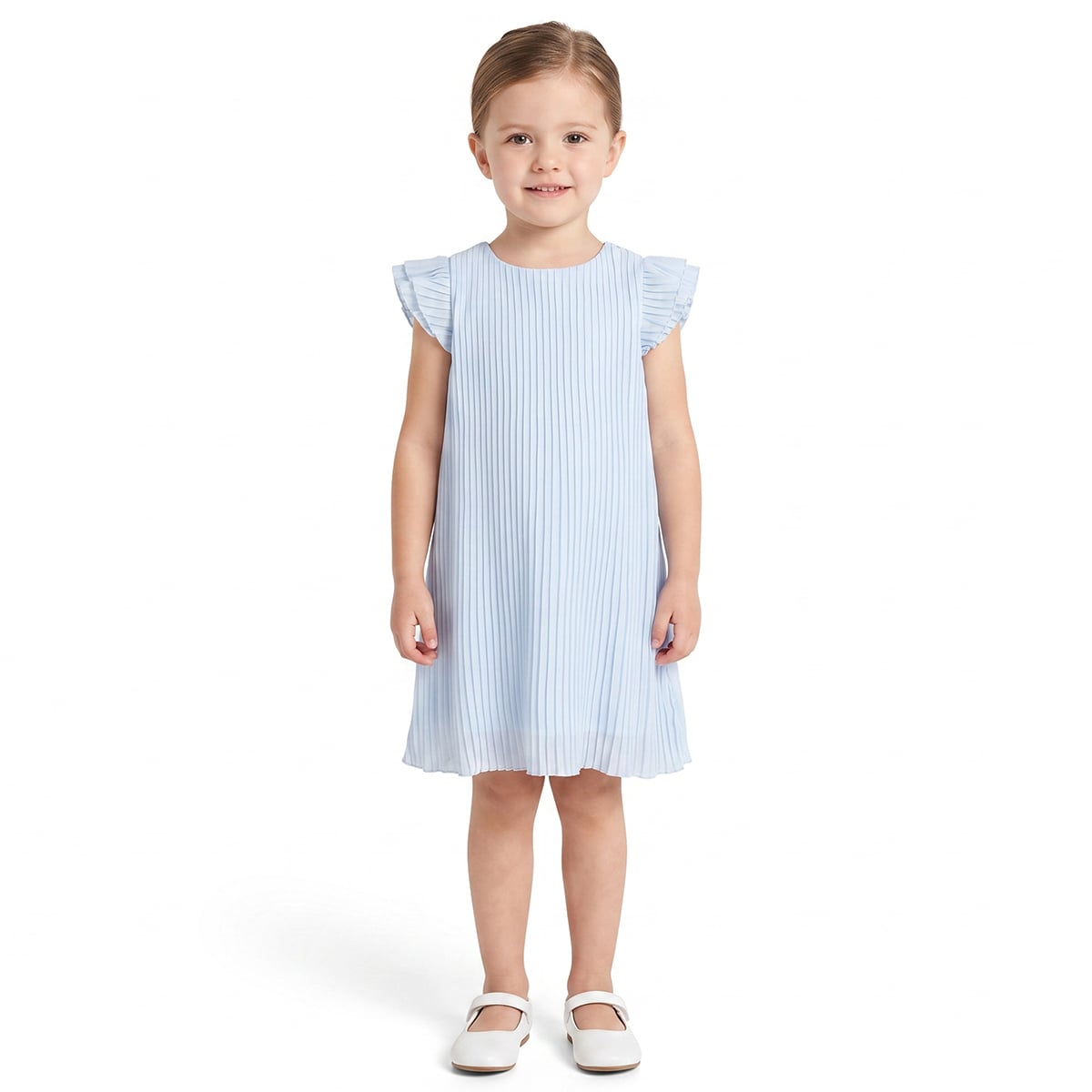 Baby Girls Light Blue Polyester Pleated Flutter Sleeve Dress Regular Fit Casual Wear