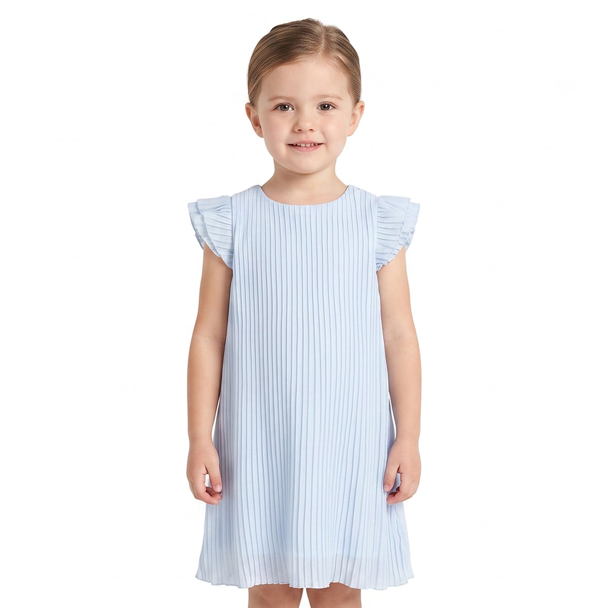 Baby Girls Light Blue Polyester Pleated Flutter Sleeve Dress Regular Fit Casual Wear