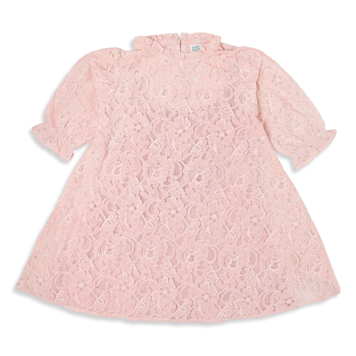 Girls Pink Polyester Floral Lace Dress with Ruffle Details Party Wear