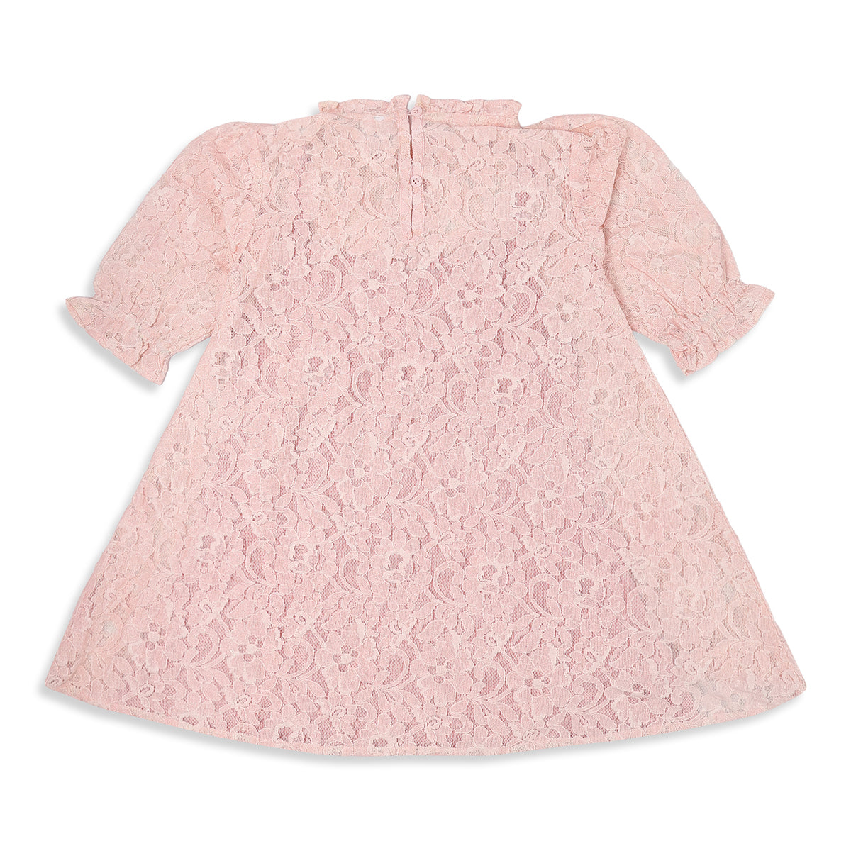 Girls Pink Polyester Floral Lace Dress with Ruffle Details Party Wear