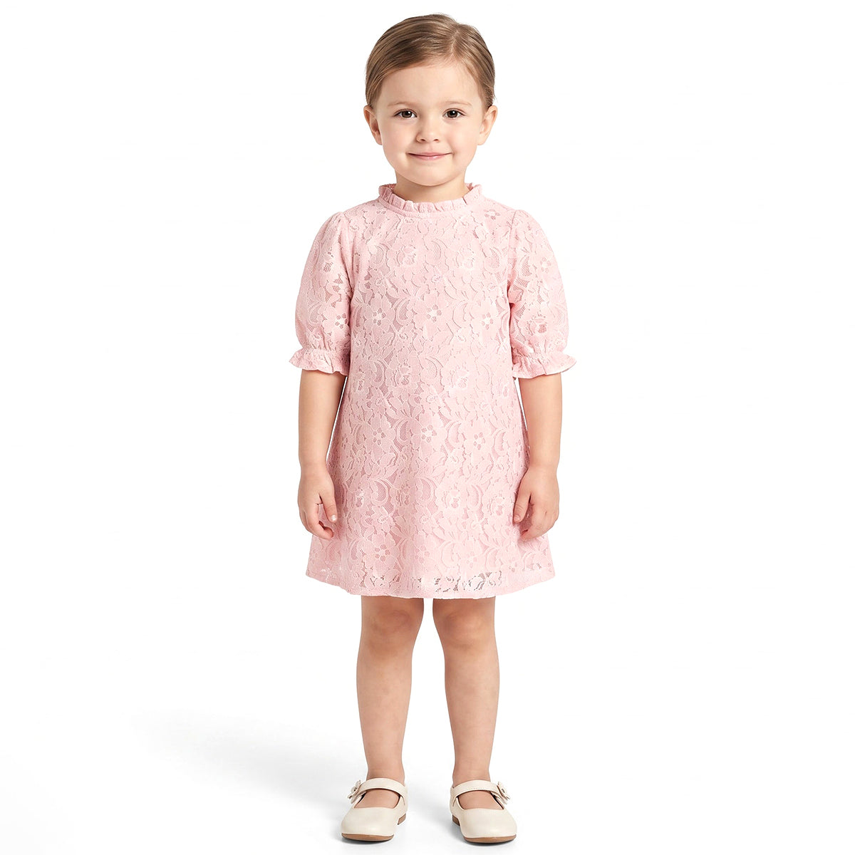 Girls Pink Polyester Floral Lace Dress with Ruffle Details Party Wear