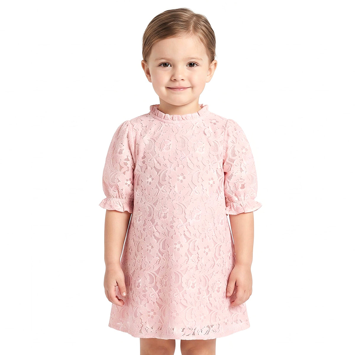 Girls Pink Polyester Floral Lace Dress with Ruffle Details Party Wear