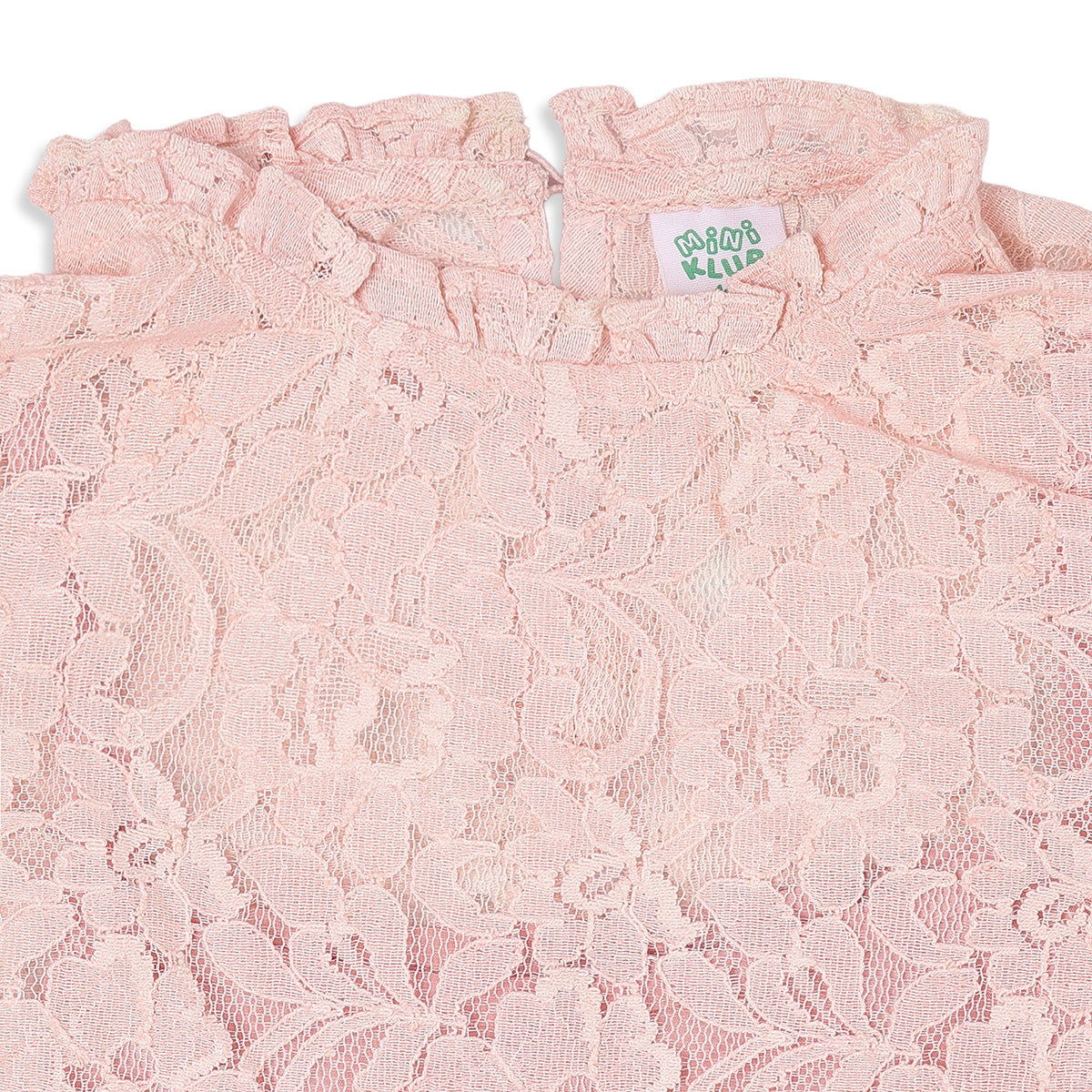 Girls Pink Polyester Floral Lace Dress with Ruffle Details Party Wear