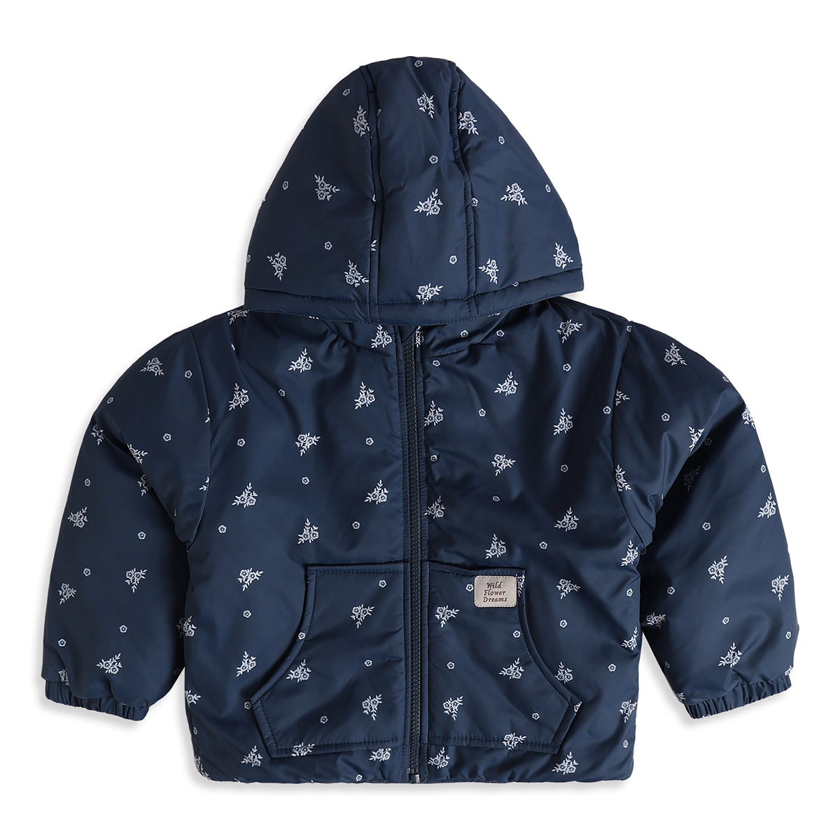 Girls Navy Blue Polyester Floral Hooded Jacket Regular Fit Winter Wear