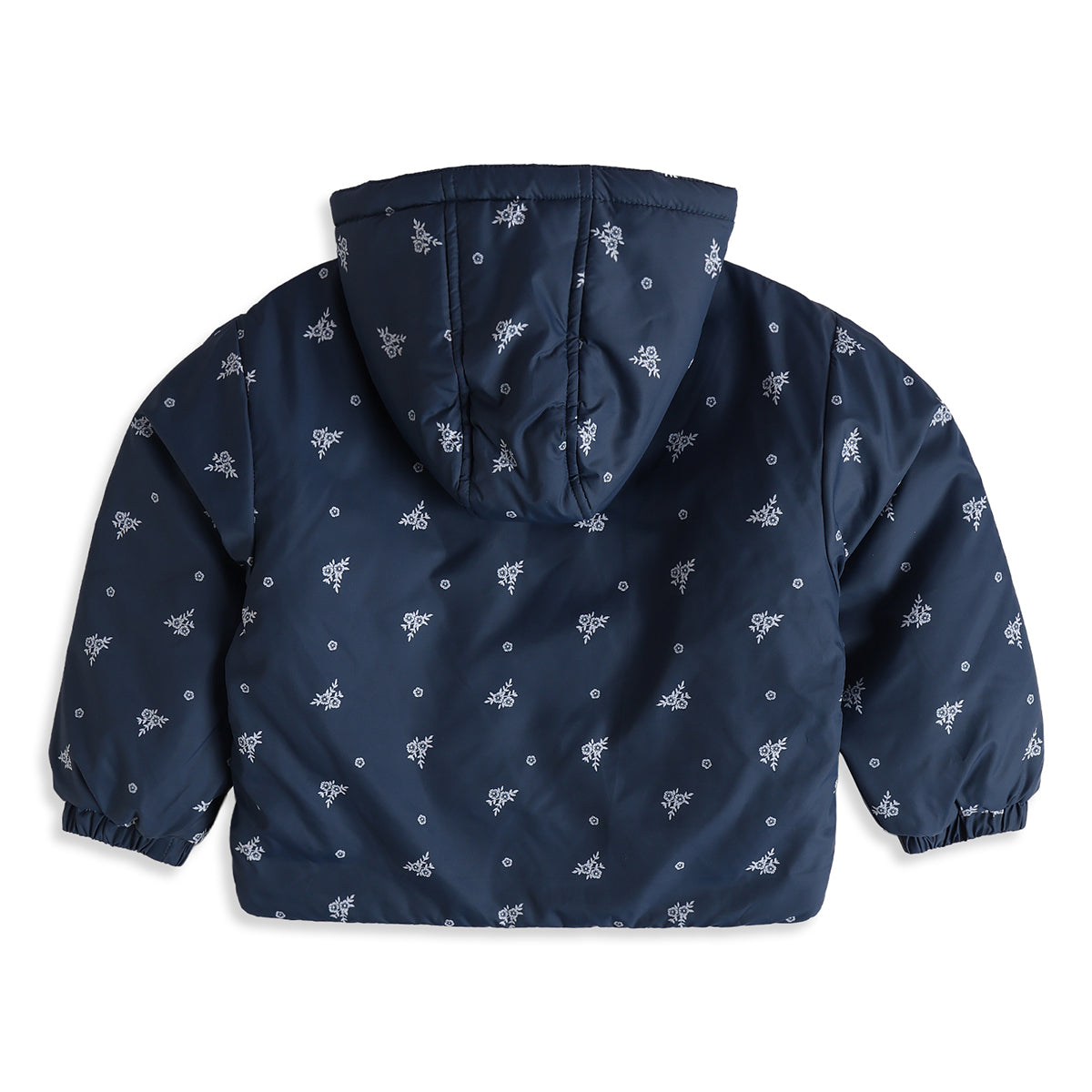 Girls Navy Blue Polyester Floral Hooded Jacket Regular Fit Winter Wear