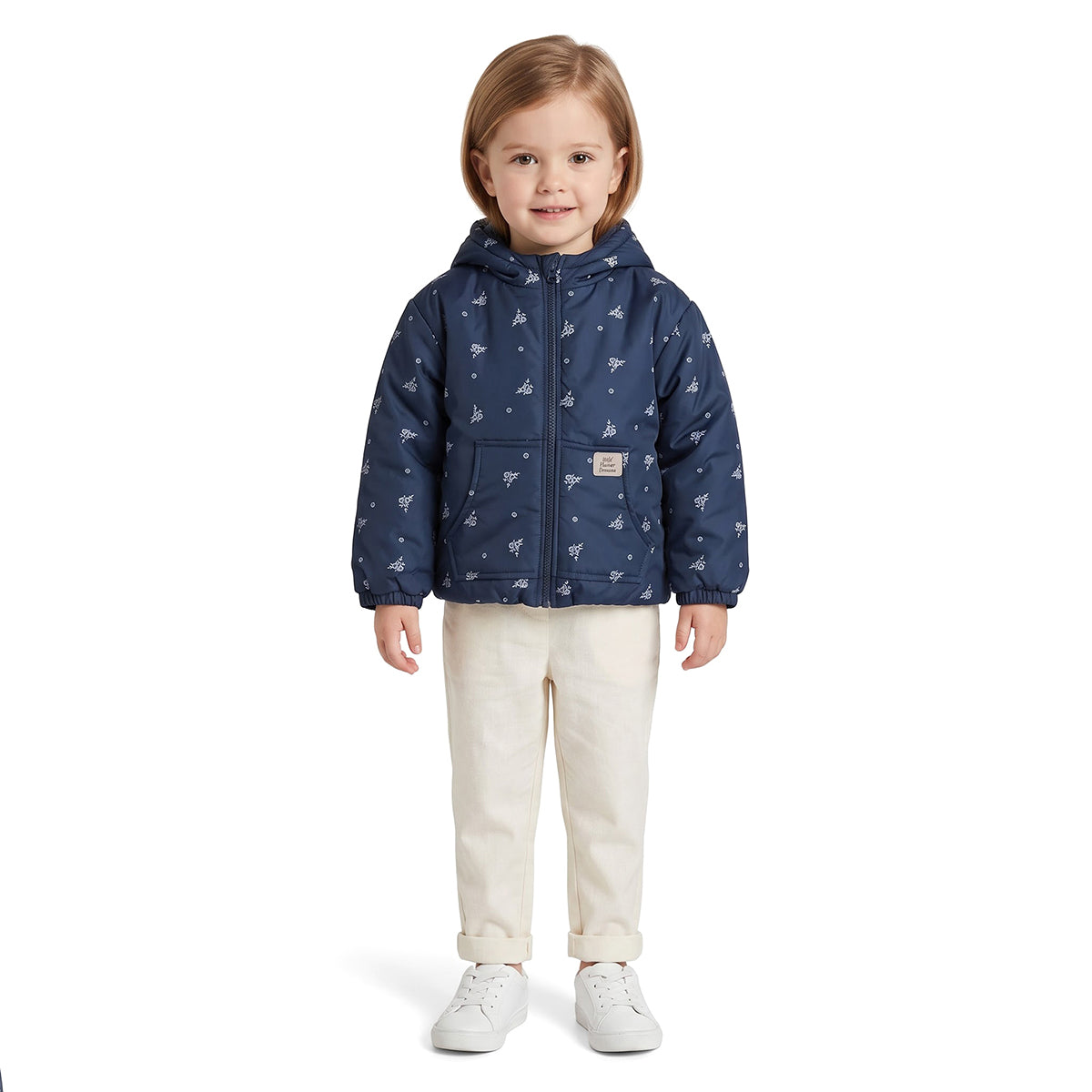 Girls Navy Blue Polyester Floral Hooded Jacket Regular Fit Winter Wear