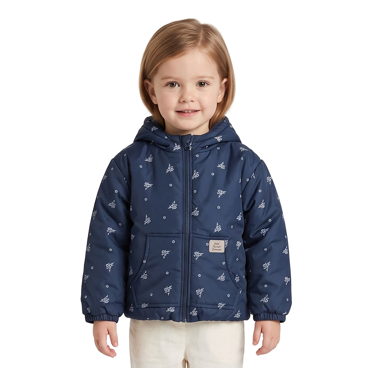 Girls Navy Blue Polyester Floral Hooded Jacket Regular Fit Winter Wear