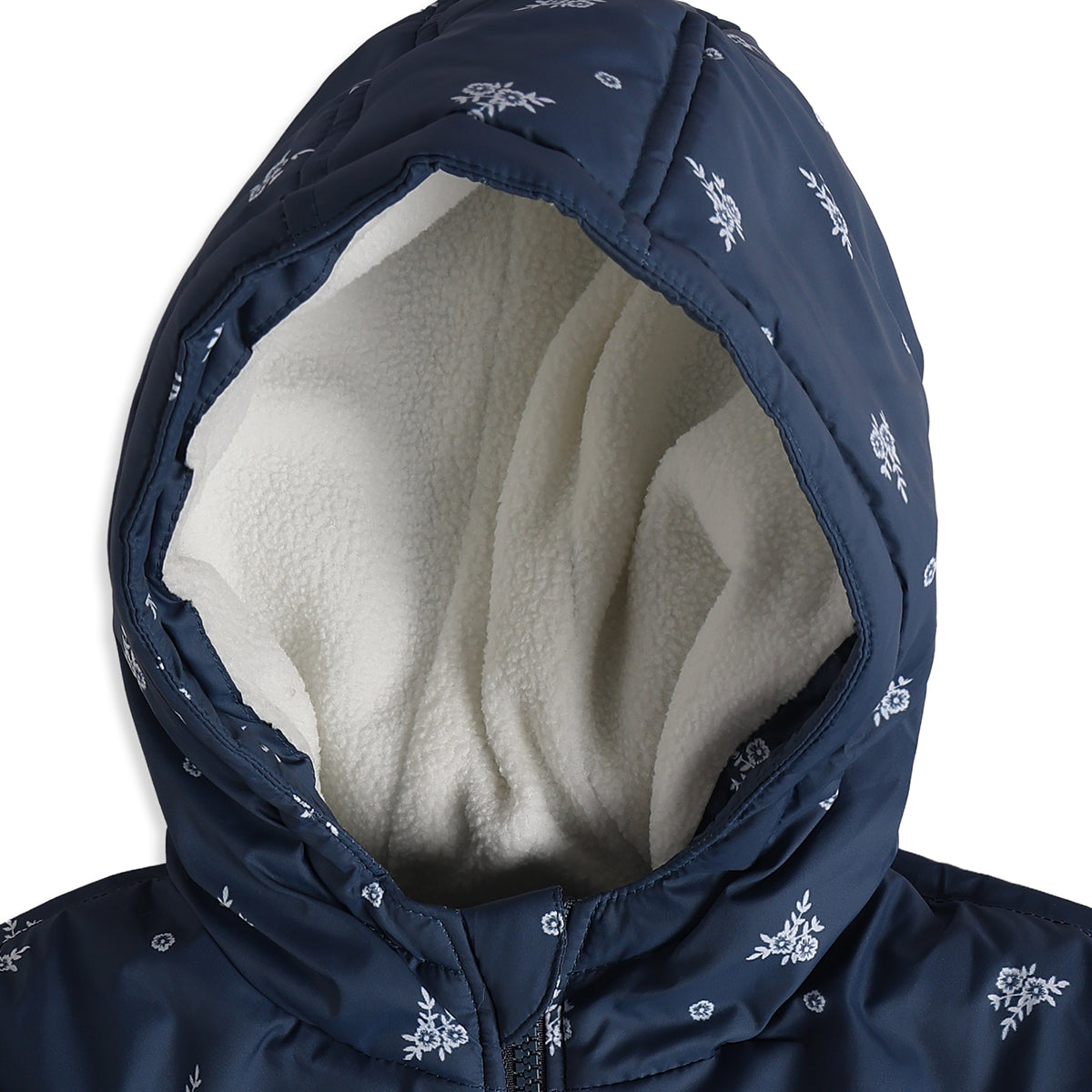 Girls Navy Blue Polyester Floral Hooded Jacket Regular Fit Winter Wear