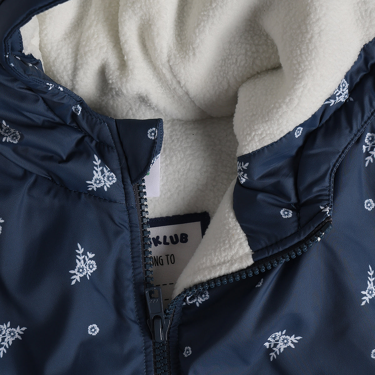 Girls Navy Blue Polyester Floral Hooded Jacket Regular Fit Winter Wear
