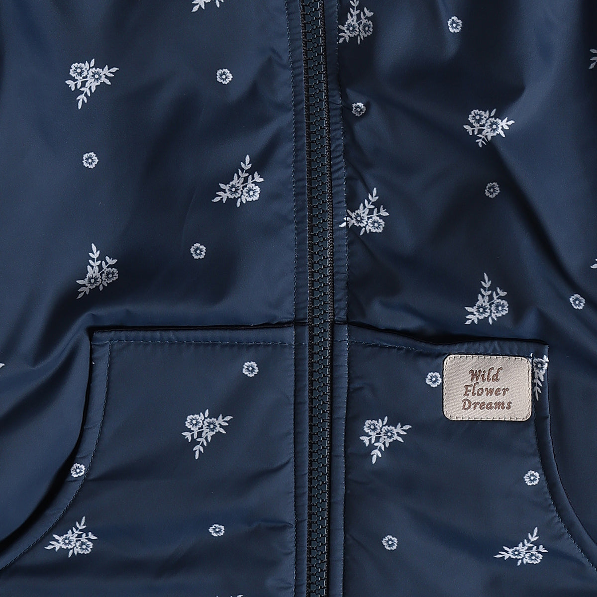 Girls Navy Blue Polyester Floral Hooded Jacket Regular Fit Winter Wear