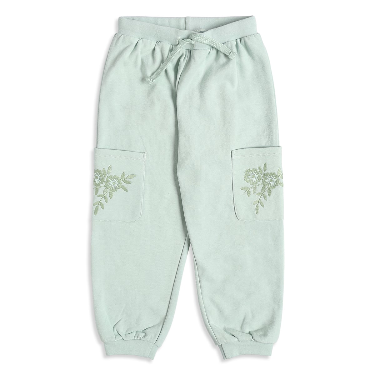 Baby Girls Mint Green Cotton Blend Floral Embroidered Cargo Jogger Pants Regular Fit Casual Wear