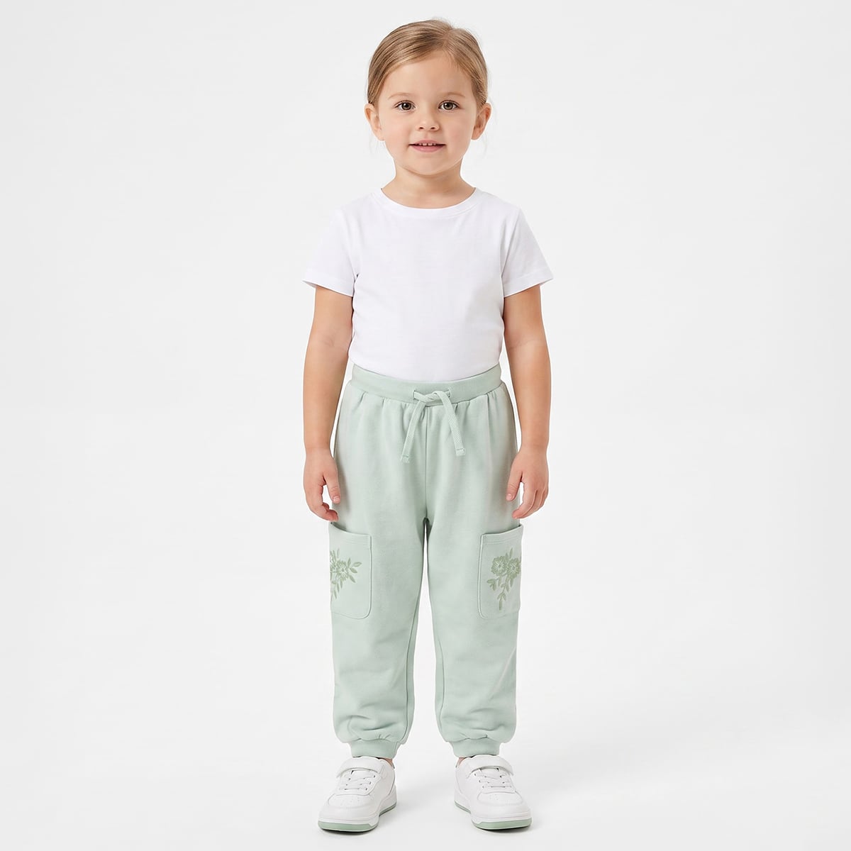 Baby Girls Mint Green Cotton Blend Floral Embroidered Cargo Jogger Pants Regular Fit Casual Wear