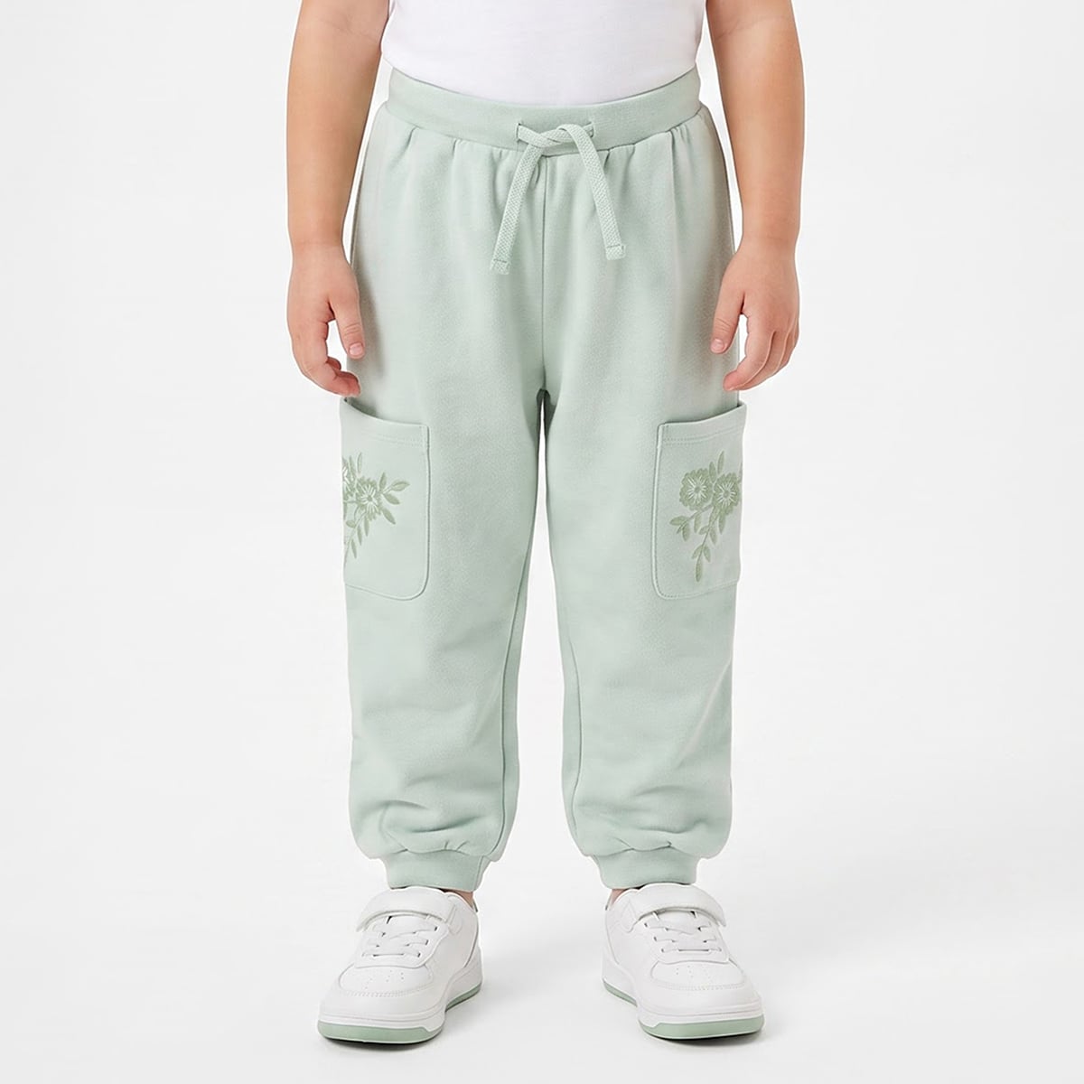 Baby Girls Mint Green Cotton Blend Floral Embroidered Cargo Jogger Pants Regular Fit Casual Wear