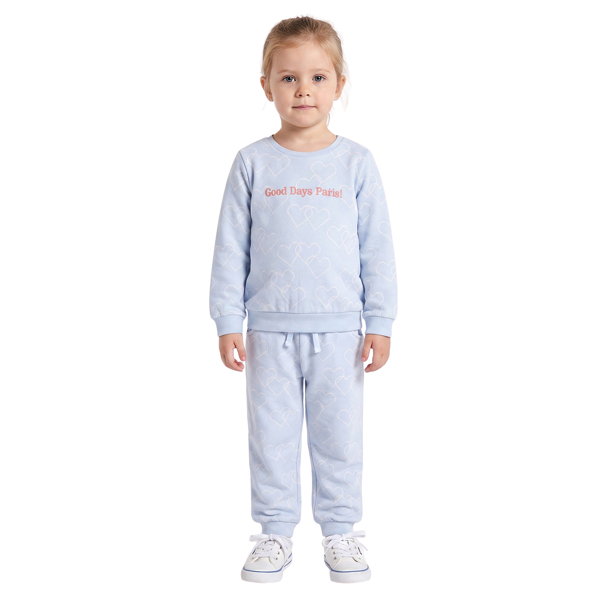 Girls Light Blue Cotton Blend Heart Jogger Pants Drawstring Waist