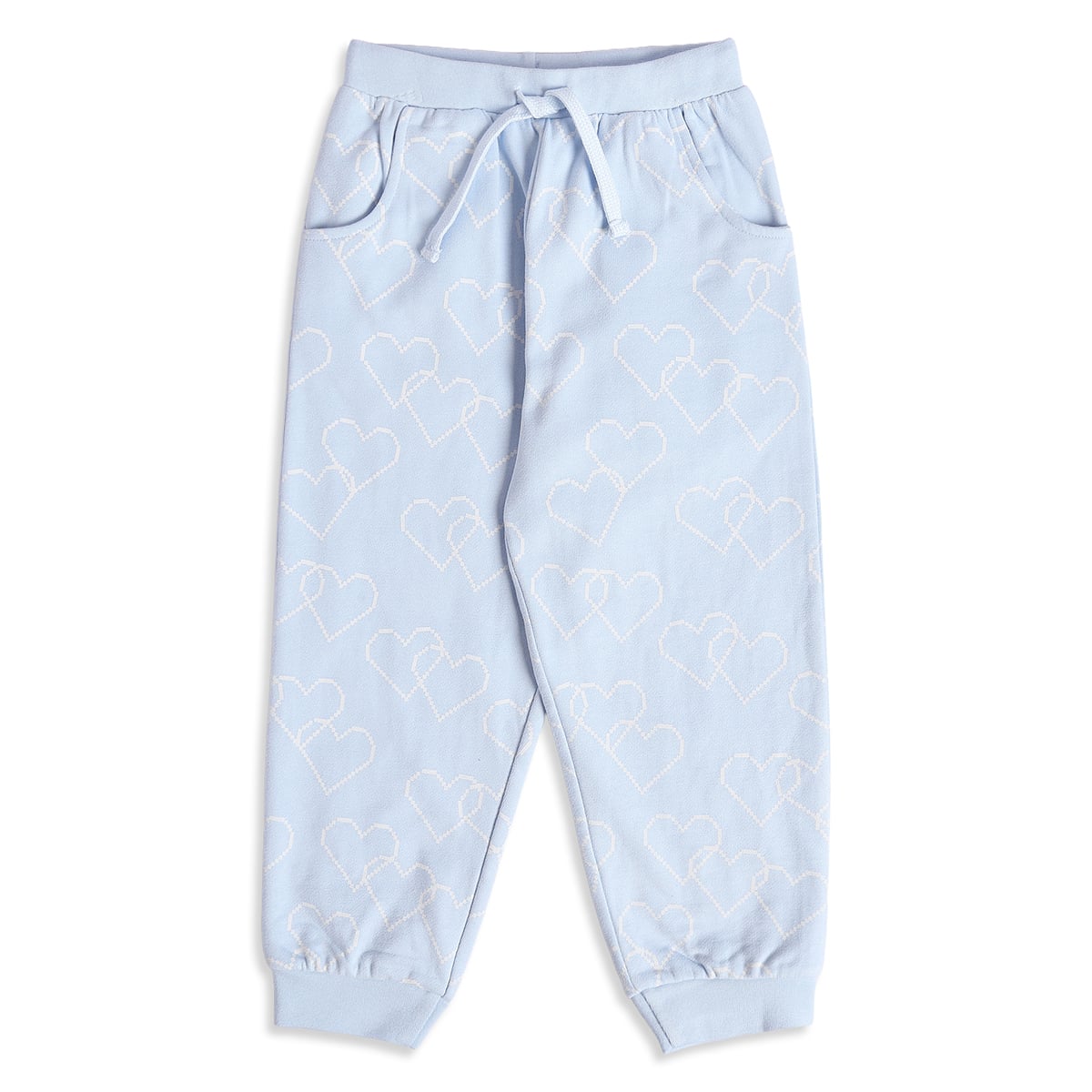 Girls Light Blue Cotton Blend Heart Jogger Pants Drawstring Waist Casual Wear