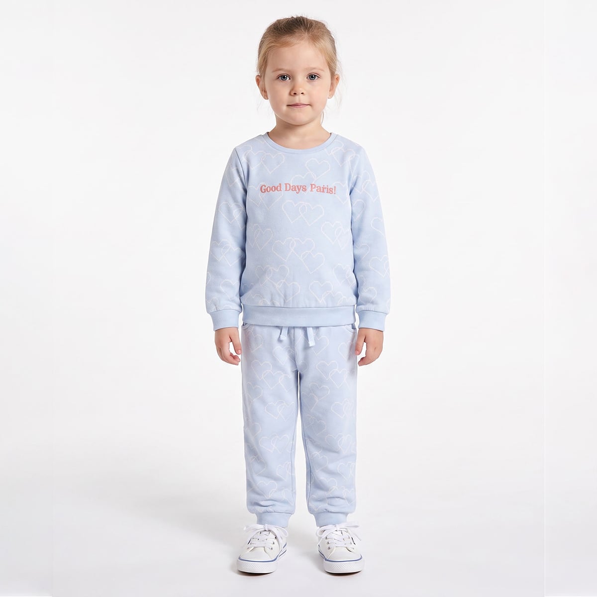 Girls Light Blue Cotton Blend Heart Jogger Pants Drawstring Waist Casual Wear