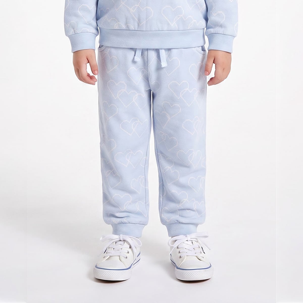 Girls Light Blue Cotton Blend Heart Jogger Pants Drawstring Waist Casual Wear
