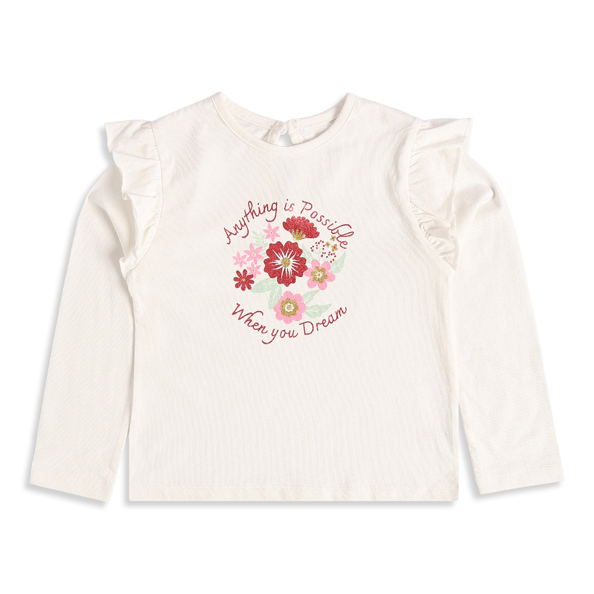 Girls Off White Cotton Floral Print Top Regular Fit Casual Kids Top