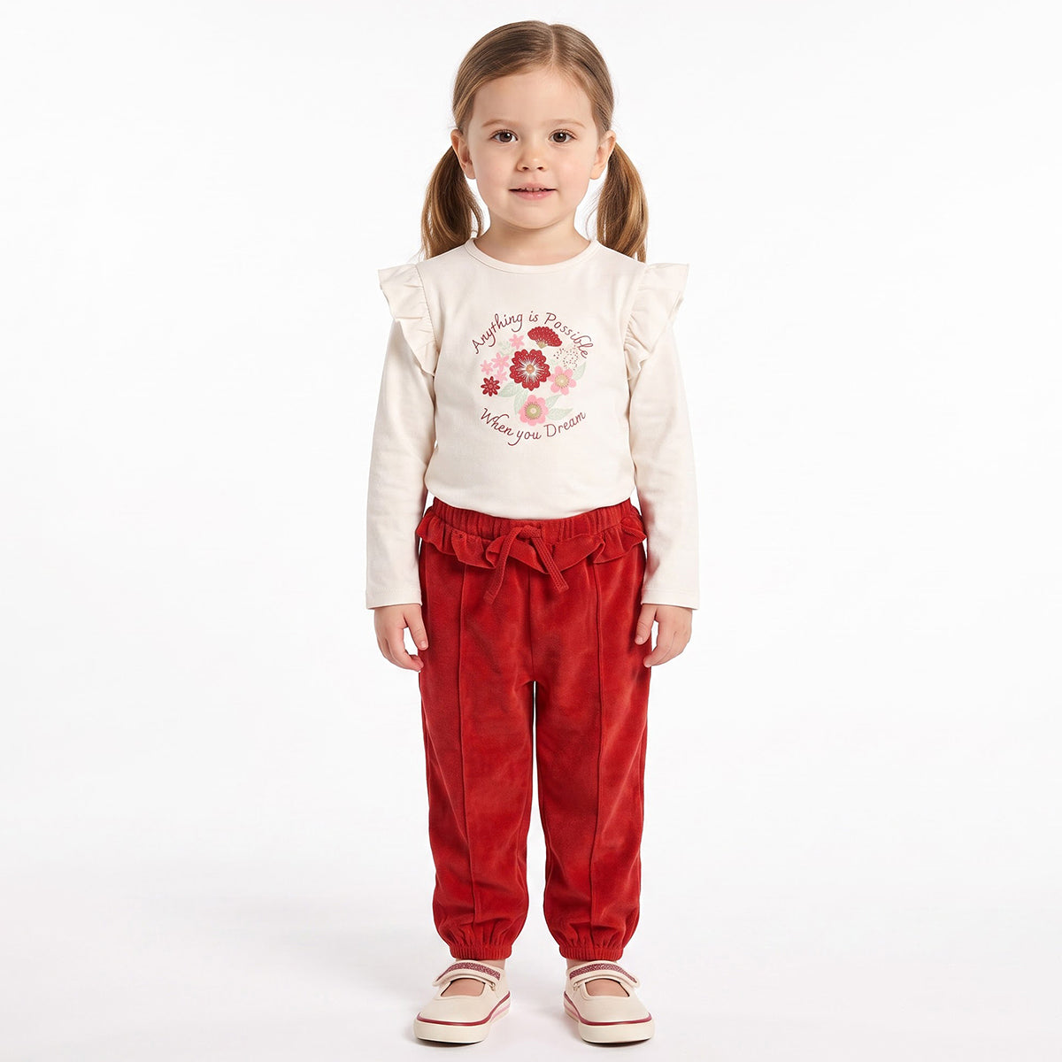 Girls Off White Cotton Floral Print Top Regular Fit Casual Kids Top