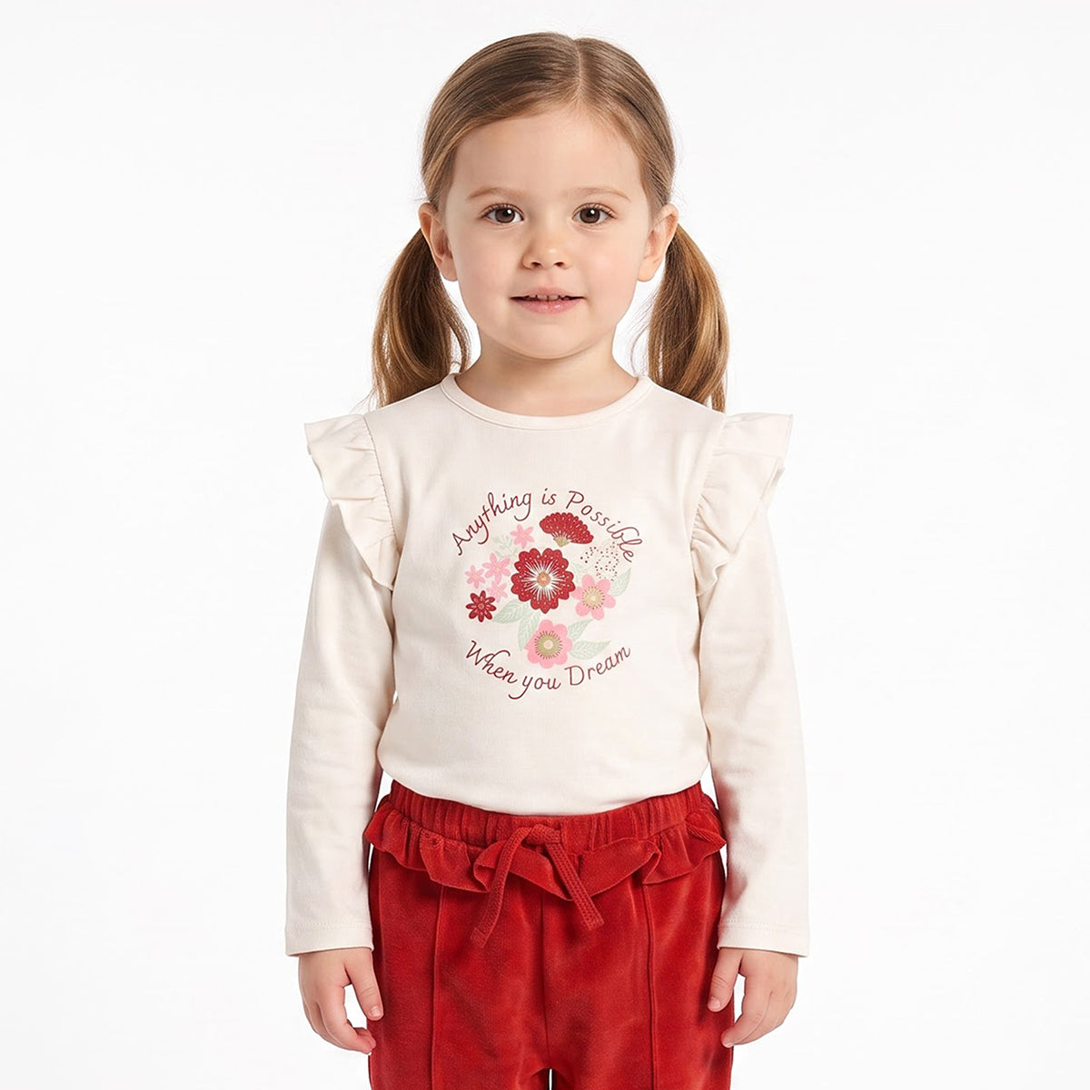 Girls Off White Cotton Floral Print Top Regular Fit Casual Kids Top