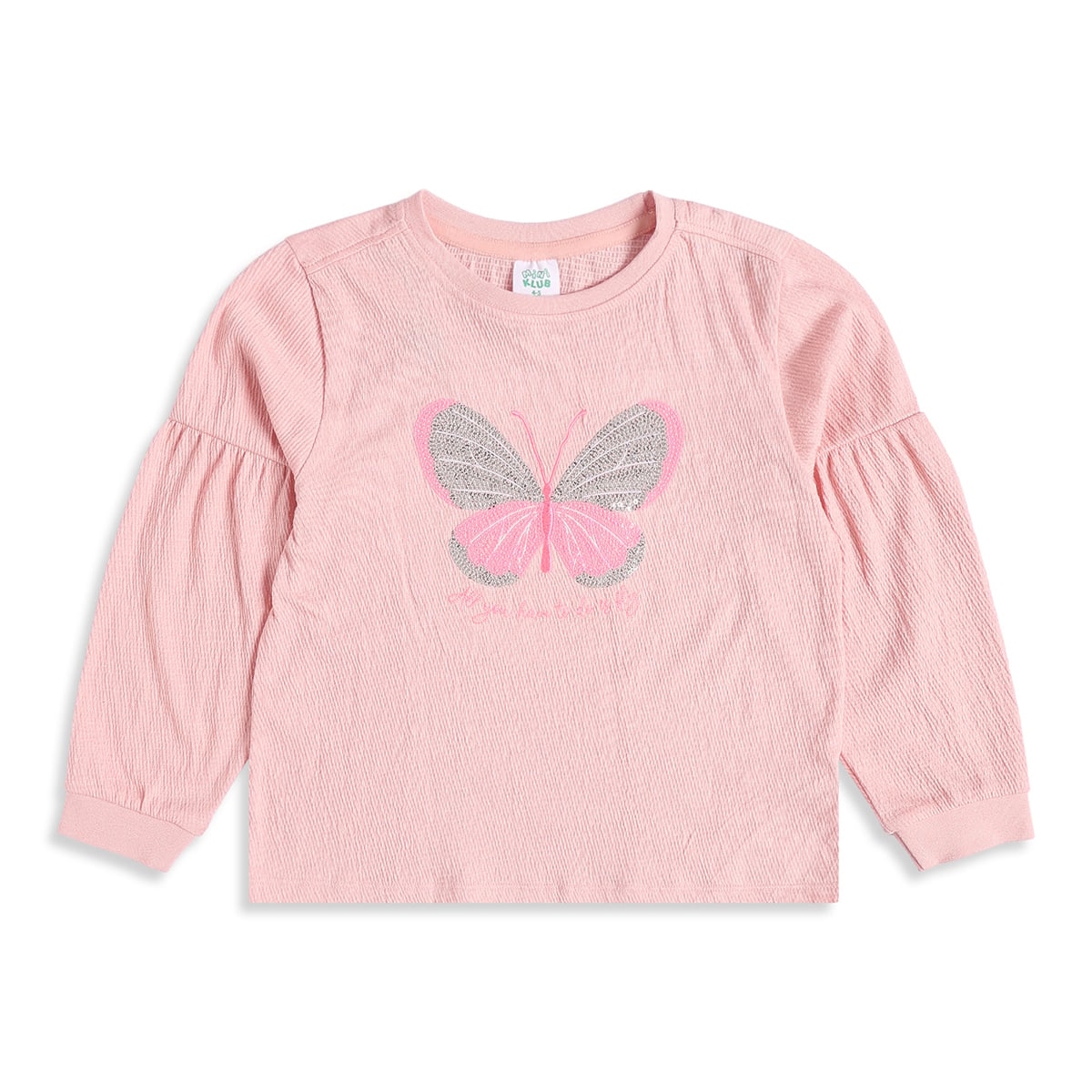Baby Girls Pink Cotton Blend Butterfly Embroidered Knit Top Regular Fit Casual Wear