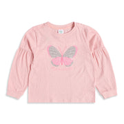 Baby Girls Pink Cotton Blend Butterfly Embroidered Knit Top Regular Fit Casual Wear