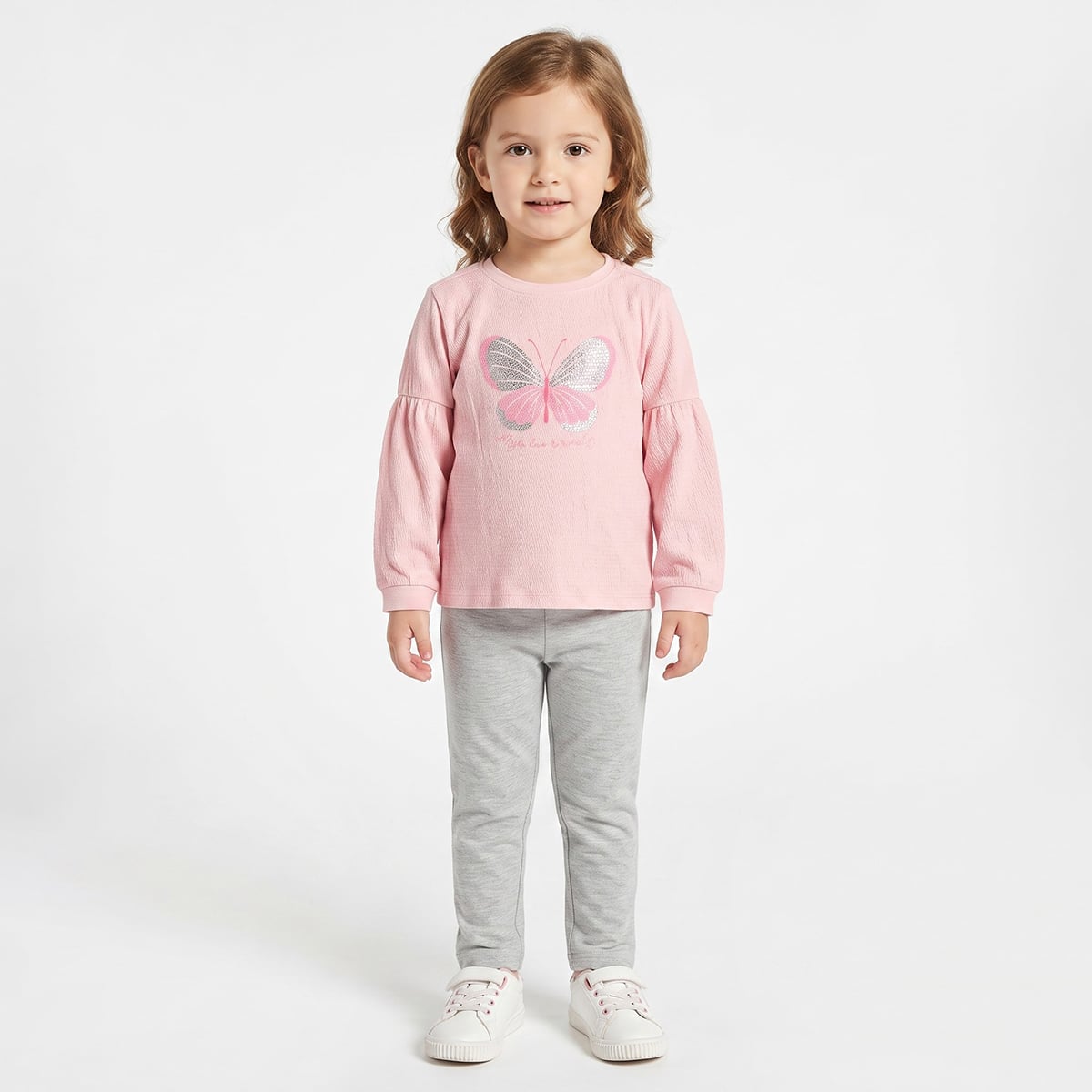 Baby Girls Pink Cotton Blend Butterfly Embroidered Knit Top Regular Fit Casual Wear