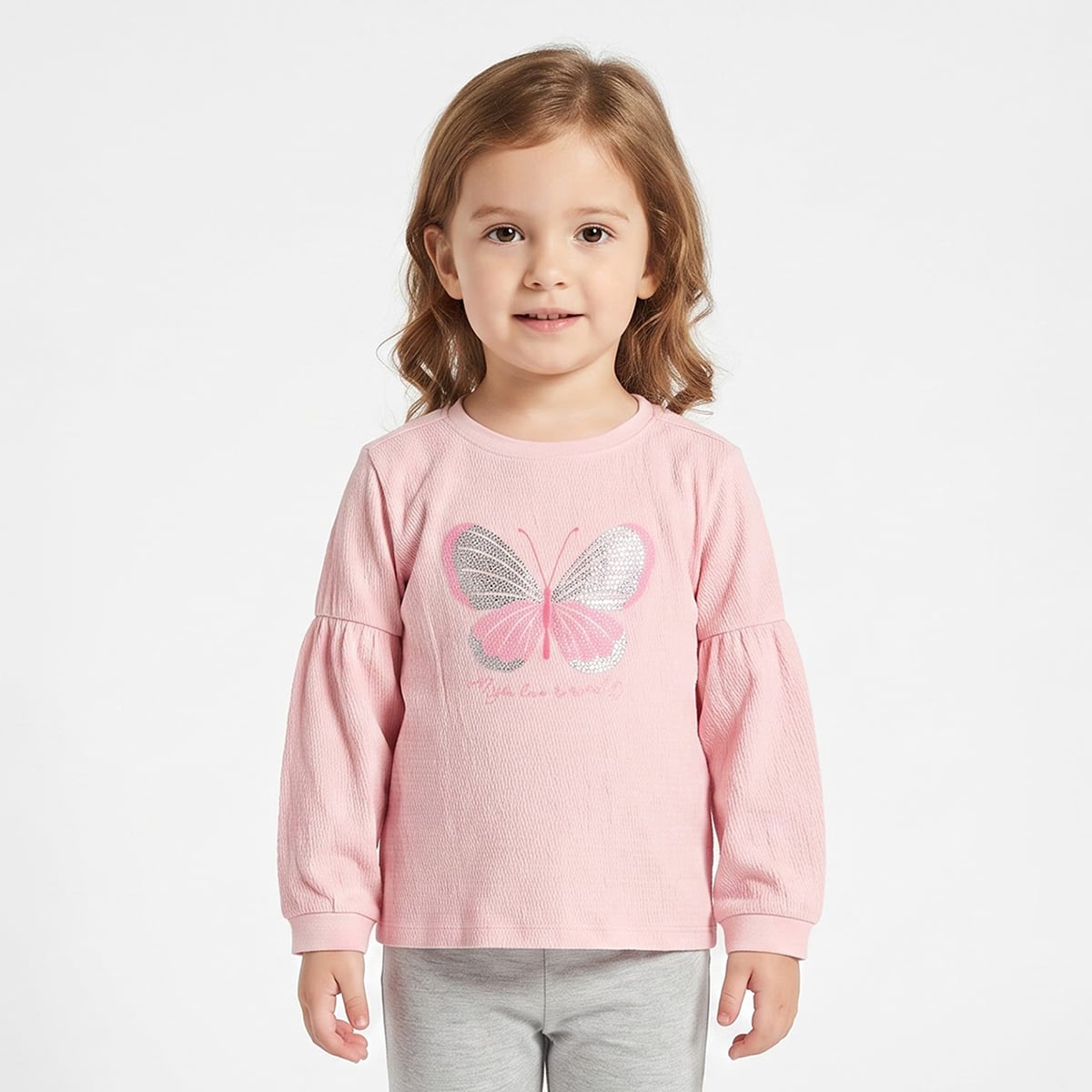 Baby Girls Pink Cotton Blend Butterfly Embroidered Knit Top Regular Fit Casual Wear