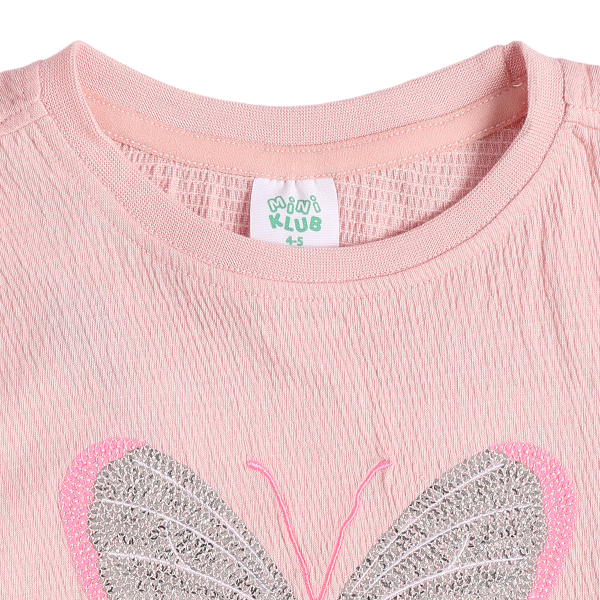 Baby Girls Pink Cotton Blend Butterfly Embroidered Knit Top Regular Fit Casual Wear