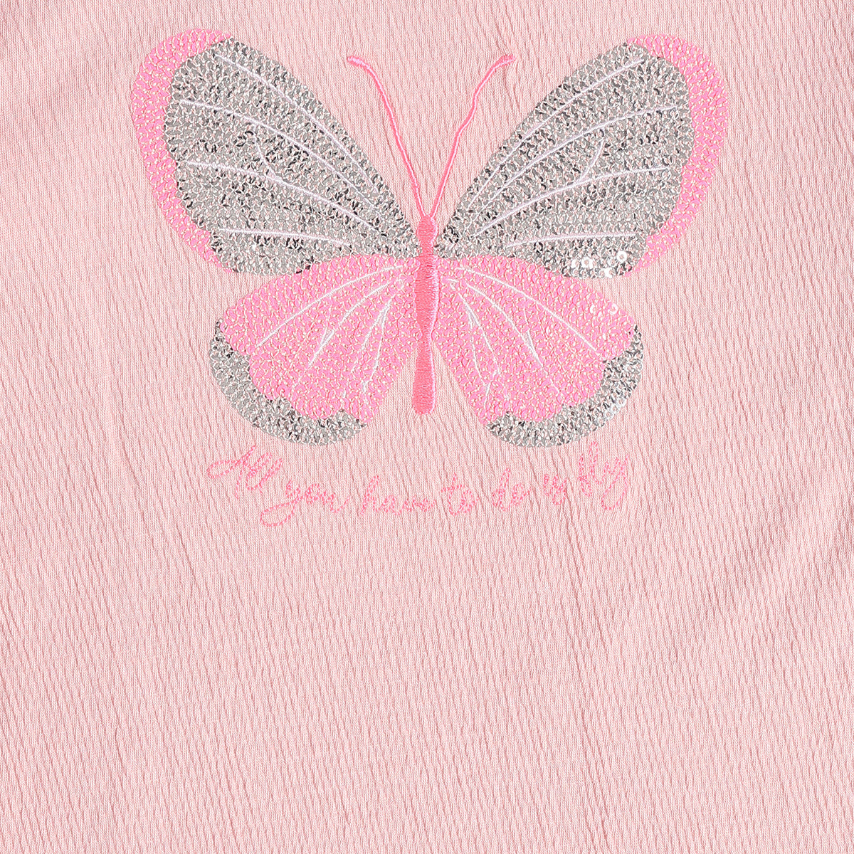 Baby Girls Pink Cotton Blend Butterfly Embroidered Knit Top Regular Fit Casual Wear