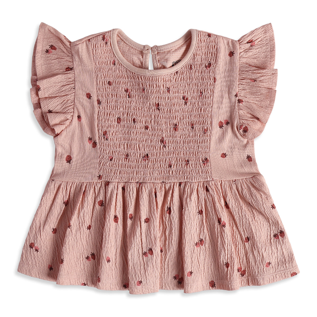 Girls Pink Strawberry Print Smocked Top Regular Fit Casual Wear