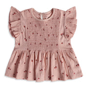 Girls Pink Strawberry Print Smocked Top Regular Fit Casual Wear