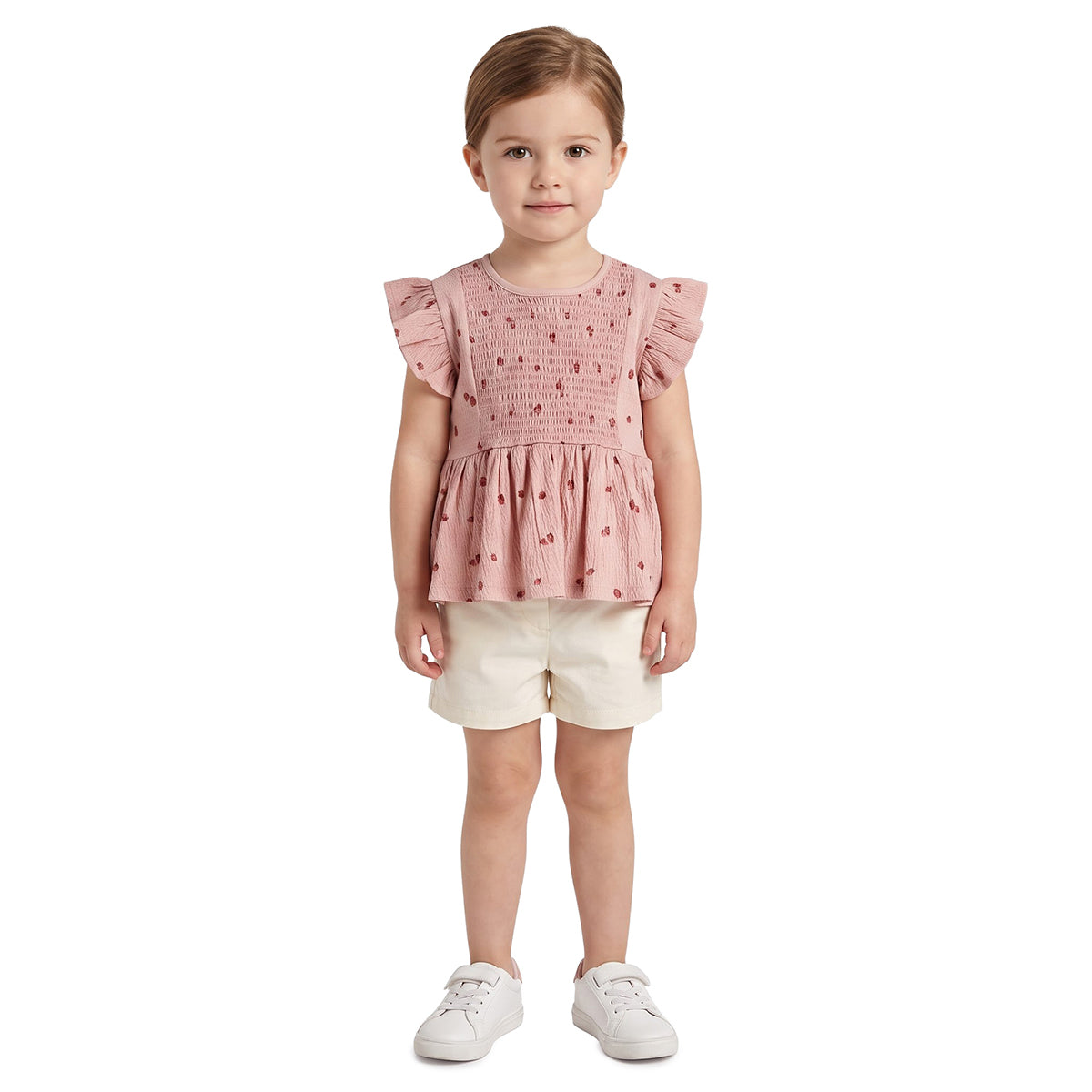 Girls Pink Strawberry Print Smocked Top Regular Fit Casual Wear