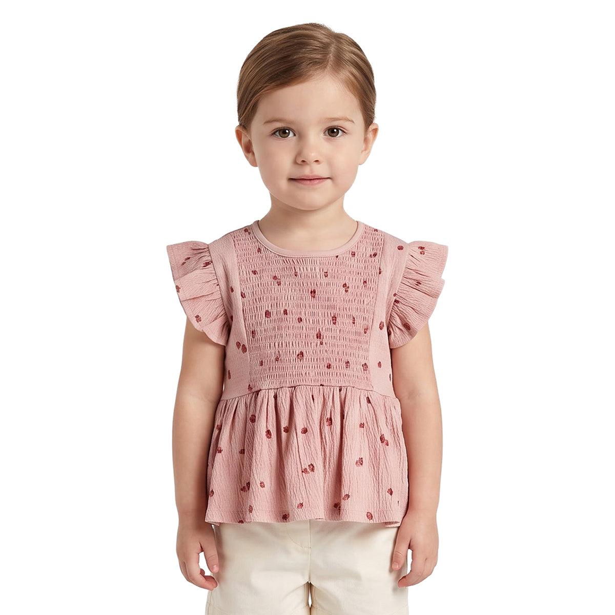 Girls Pink Strawberry Print Smocked Top Regular Fit Casual Wear
