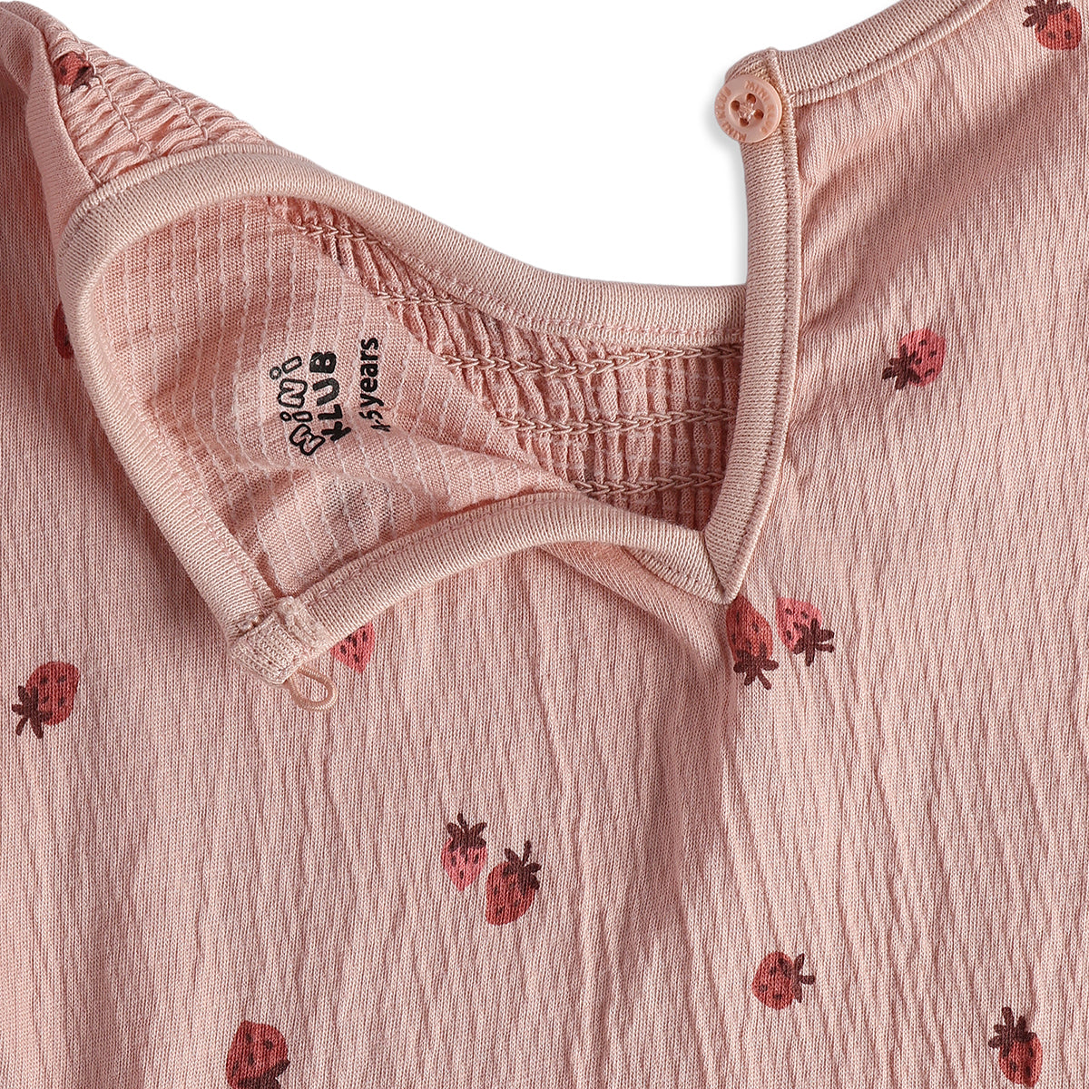 Girls Pink Strawberry Print Smocked Top Regular Fit Casual Wear