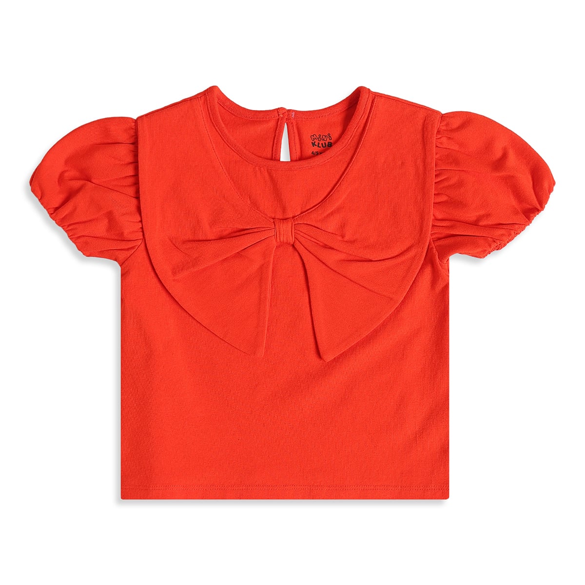 Girls Red Cotton Bow Detail T-Shirt Puff Sleeve Casual Wear
