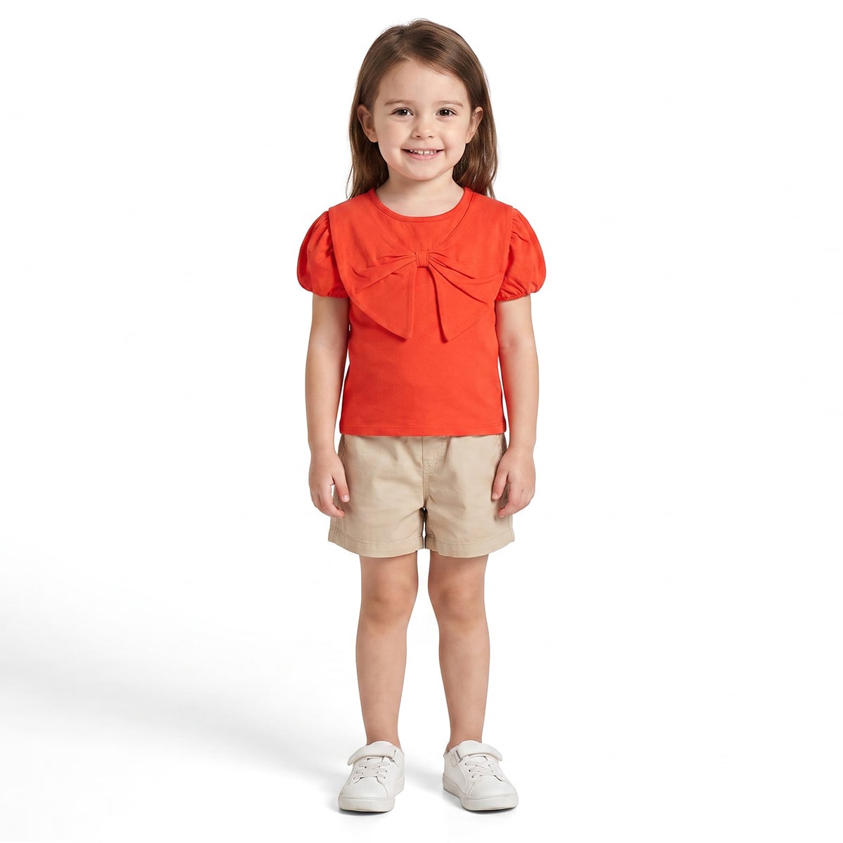 Girls Red Cotton Bow Detail T-Shirt Puff Sleeve Casual Wear