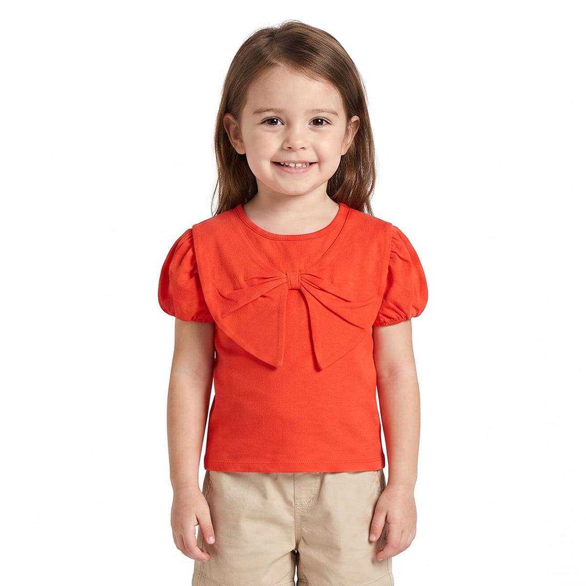 Girls Red Cotton Bow Detail T-Shirt Puff Sleeve Casual Wear