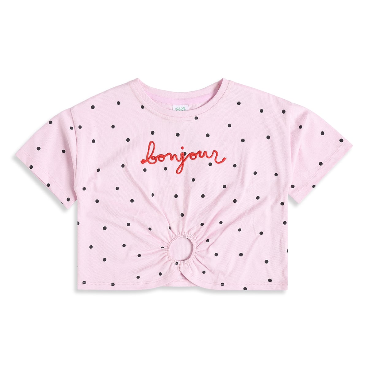 Baby Girls Pink Cotton Polka Dot Knit Top With Bonjour Embroidery Regular Fit Casual Wear