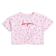 Baby Girls Pink Cotton Polka Dot Knit Top With Bonjour Embroidery Regular Fit Casual Wear